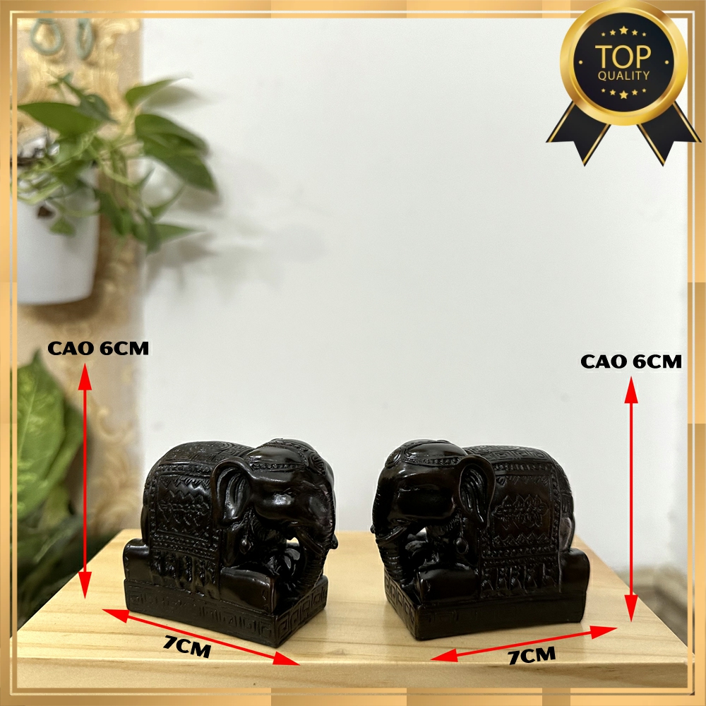 Cặp 2 tượng voi đá phong thủy trang trí dáng vòi voi hướng xuống ý nghĩa cầu Thọ - Cao 6cm - Nâu đen