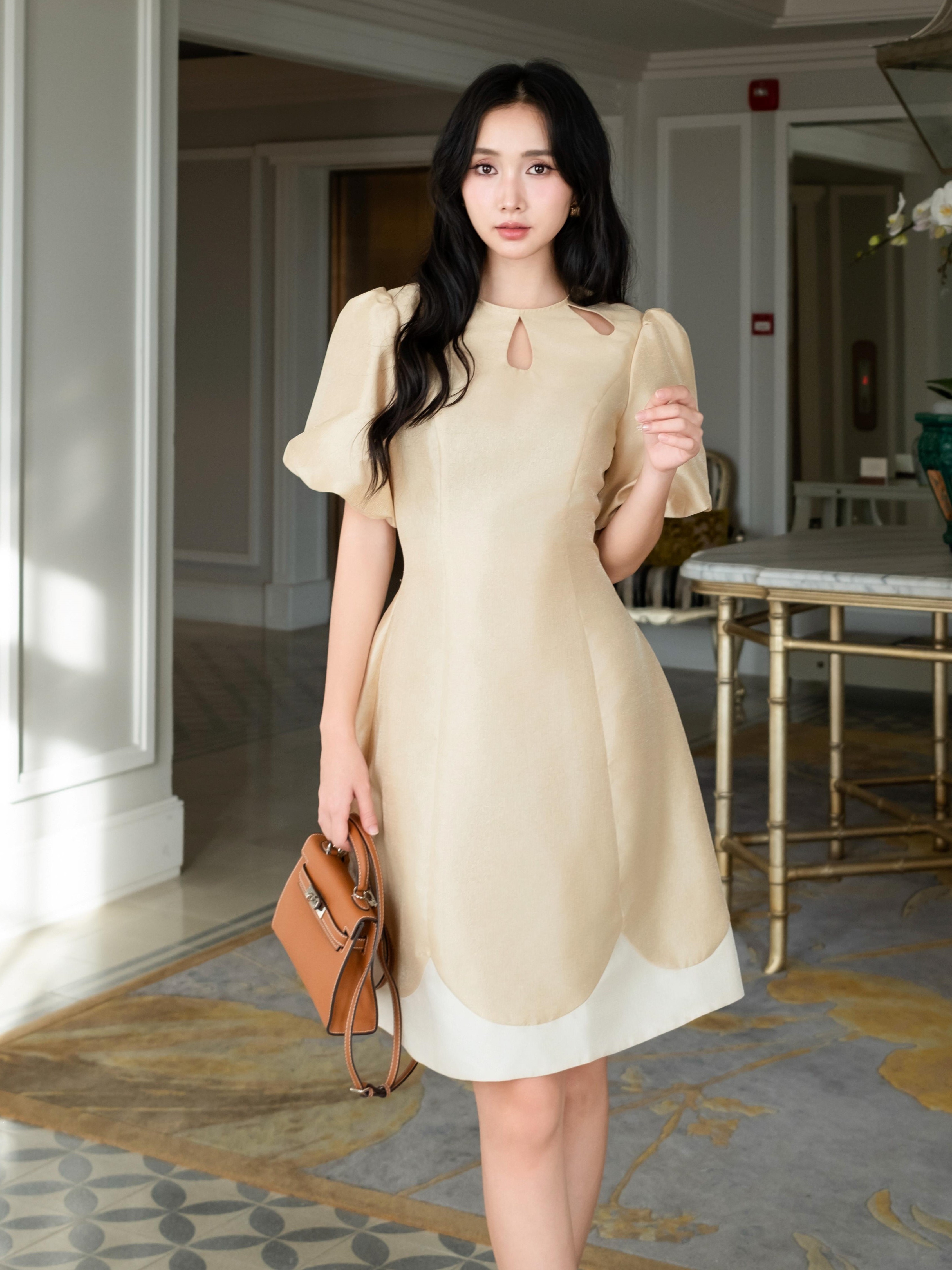 Đầm nude tay phồng NGADO , đầm dự tiệc , đầm thiết kế