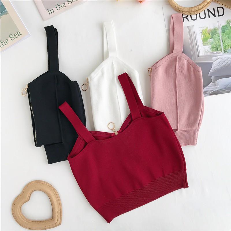 Áo dệt kim sát nách phối khóa kéo thiết kế kiểu dáng quyến rũ