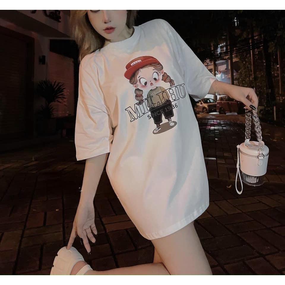 Áo phông nữ freesize dành cho nữ in hình cô gái kèm chữ Minihu HEFS010 - Đen