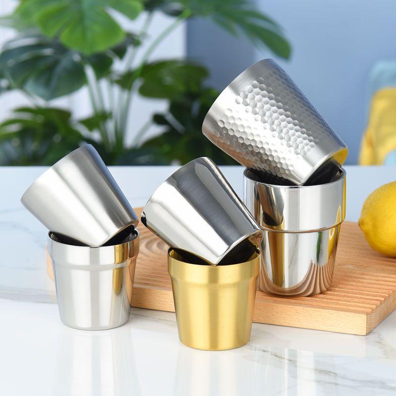 Cốc kim loại phong cách mới nhất Hàn Quốc 304 cốc nước bằng thép không gỉ cốc bia cốc trà hai lớp vàng thịt nướng nhà hàng cốc ăn nóng