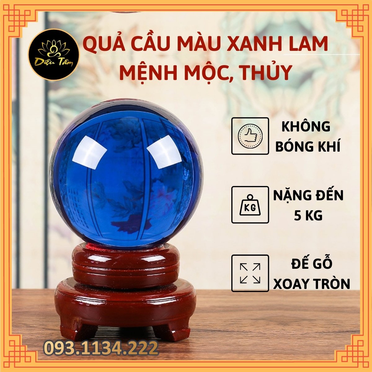 Quả cầu phong thủy pha lê màu xanh lam size to 15cm hợp mệnh Mộc, mệnh Thủy đồ phong thủy trang trí