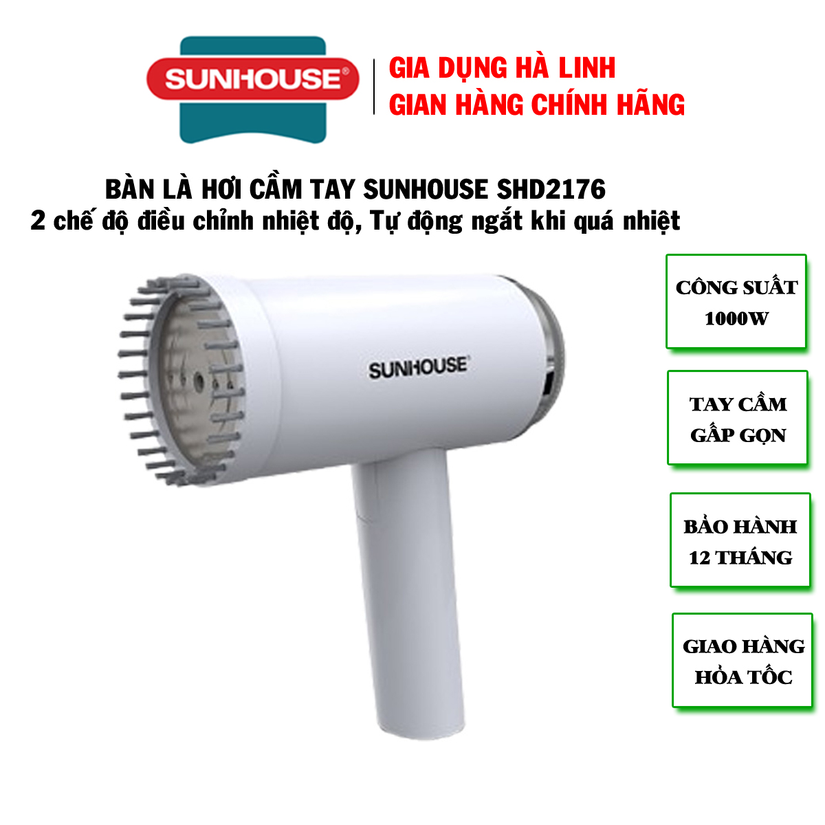 Bàn là hơi cầm tay Sunhouse SHD2176, Công suất 1000W, Mặt bàn là phủ chống dính, Tây cầm gấp gọn, Tự động ngắt khi quá nhiệt, Bảo hành 12 tháng - Hàng chính hãng