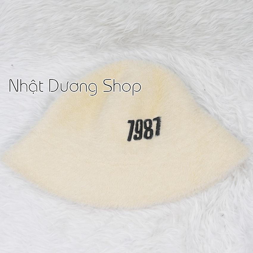 Nón Lông Thỏ Bucket Nữ Thời Trang Cao Câp, nón tai bèo vành cụp lông thỏ hàng quảng châu thêu số 1987