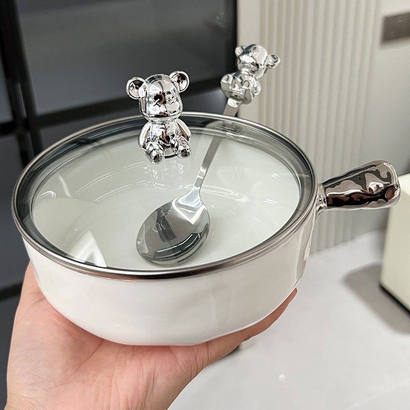 Tô sứ có tay cầm kèm nắp muỗng gấu bearbrick Lucky, Thố, Bát Sứ, Thố Úp Mì Nắp Gấu decor bàn ăn Kèm muỗng nĩa Sang Trọng, Bát Ăn Dặm baby Kid