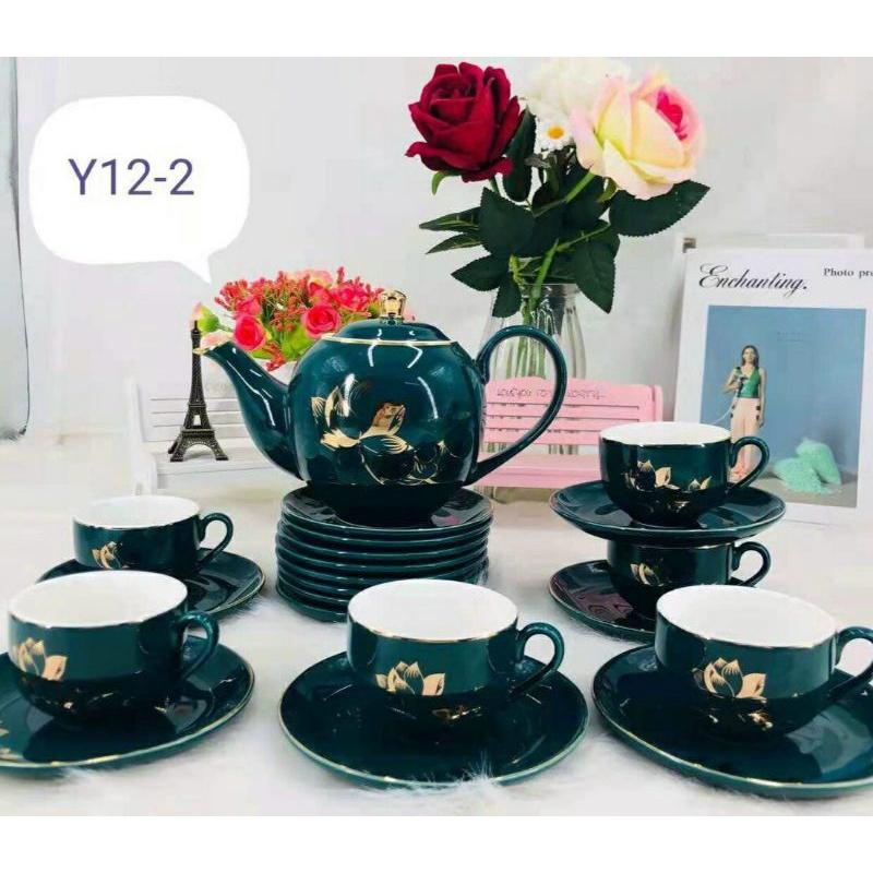 Bộ ấm chén sứ, bộ tách pha trà cà phê cao cấp màu xanh cổ vịt họa tiết hoa sen sang trọng