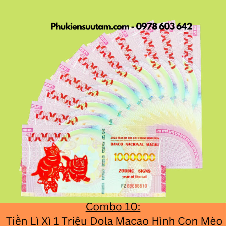 Combo 10 Tờ Lì Xì 1 Triệu Dola Macao Hình Con Mèo, kích thước: 15.5cmx7.5cm, màu trắng - SP005943