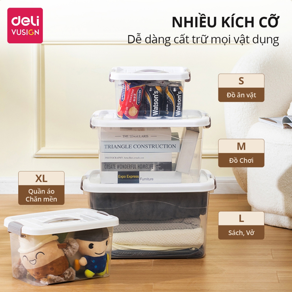 Hộp Nhựa Đựng Đồ Trong Suốt Có Nắp Gài DELI - Thùng Nhựa Đa Năng Quần Áo, Đồ Chơi Sách