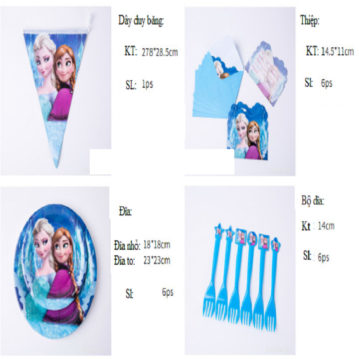 Sét trang trí sinh nhật 16 món  đầy đủ cho bé gái chủ đề công chúa ELSA