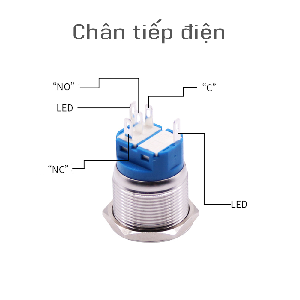 Nút công tắc INOX Nhấn nhả, Nhấn tự phục hồi 19mm Có đèn LED (3-6V, 12-24V, 110-220V)