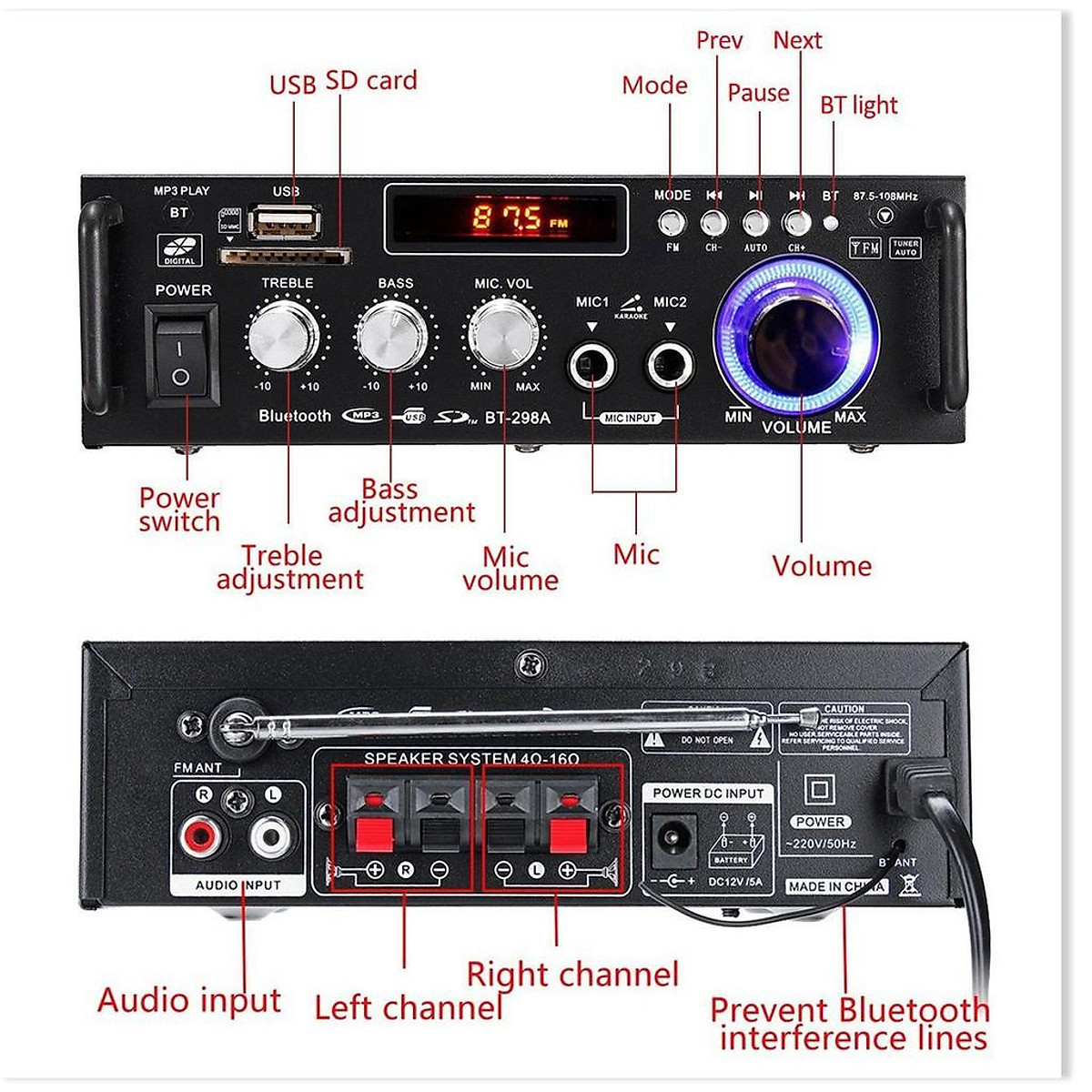 Amply bluetooth mini BT298A công suất lớn 600W kết nối usb, thẻ nhớ, audio cho âm thanh cực đỉnh 220V-12V