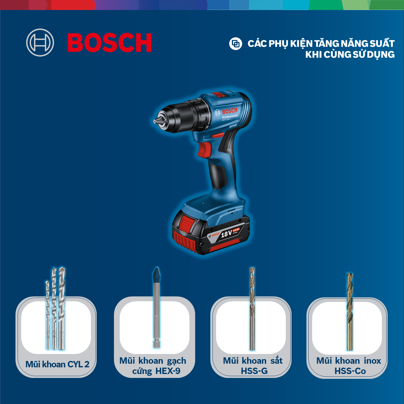 Máy khoan vặn vít dùng pin Bosch GSR 185-LI và Phụ kiện
