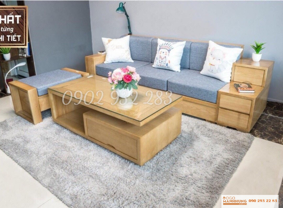 Bộ bàn ghế phòng khách sofa 3 món gỗ sồi tay hộc kéo