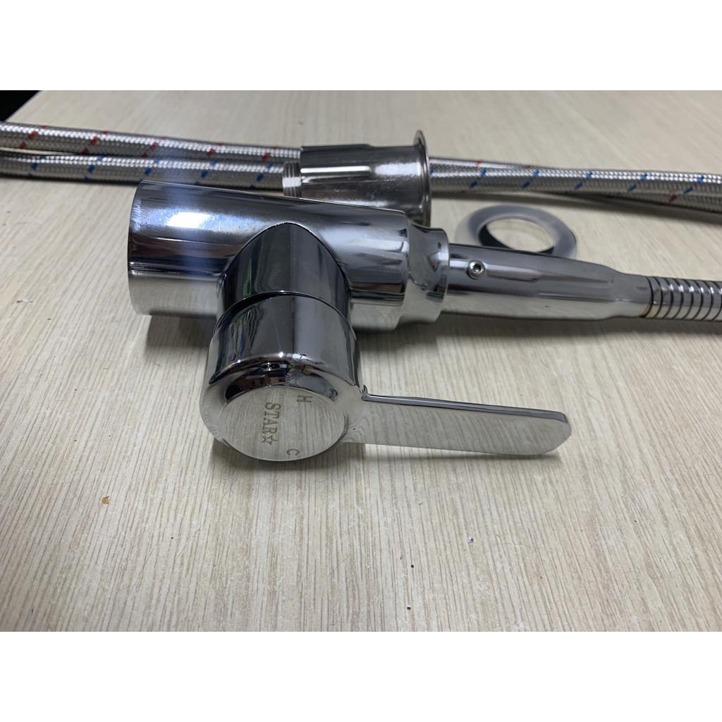 Vòi Rửa Chén Bát Nóng Lạnh Gắn Chậu Cần Mềm Inox Bóng