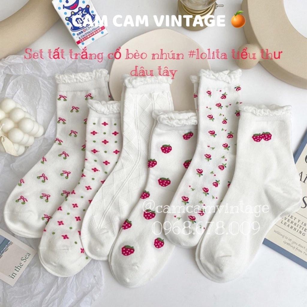 SET TẤT TRẮNG CỔ CAO NỮ VỚ CAO CỔ TIỂU THƯ LOLITA DÂU TÂY TẤT VỚ NỮ CỔ BÈO NHÚN ULZZANG STYLE HÀN QUỐC