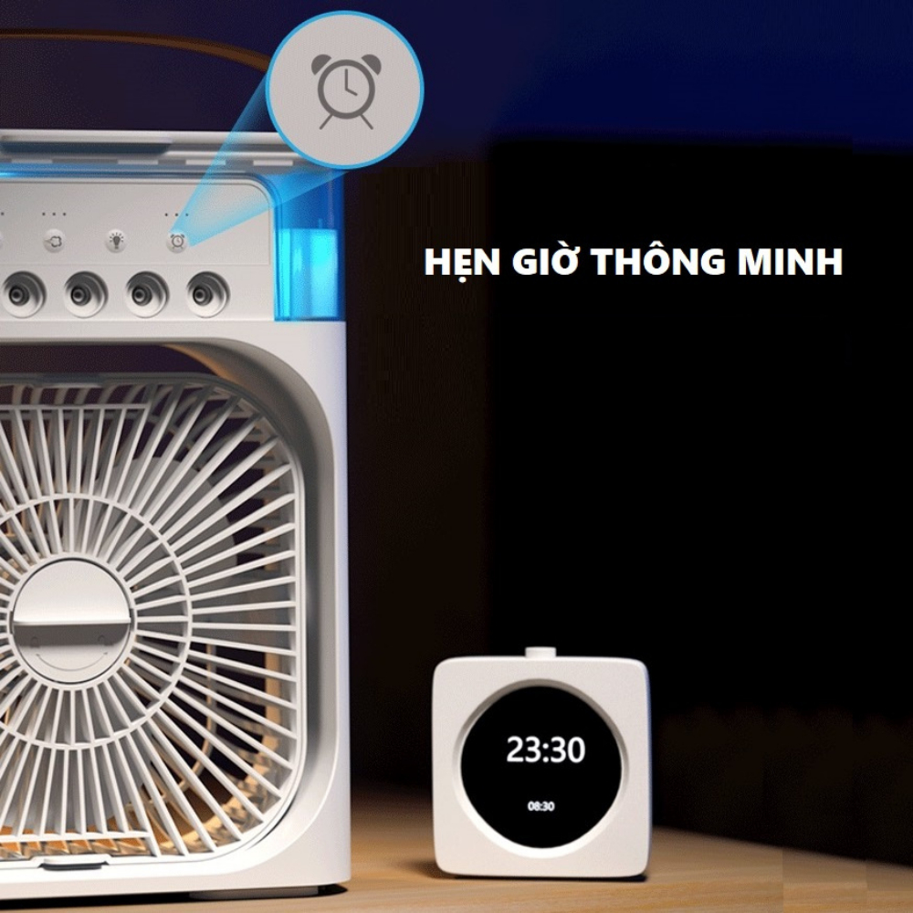 Quạt Điều Hòa Phun Sương Hơi Nước Mini Để Bàn Dung Tích Lớn 3 Chế Độ Đèn LED Đổi Màu, Chế Độ Hẹn Giờ Sử Dụng Cổng Sạc USB Tiện Dụng