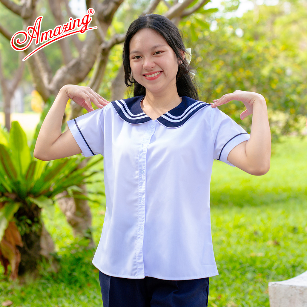 Áo trắng cho bé gái đi học hiệu Amazing, cổ bèo viền xanh cao cấp, vải kate silk, big size đến 70kg