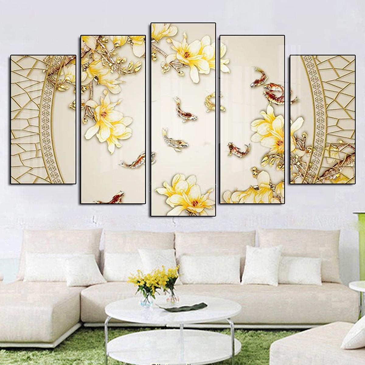 Tranh Tráng Gương Pha Lê Treo Tường Hiện Đại _ Tranh Bộ 5 Điêu Khắc 3D