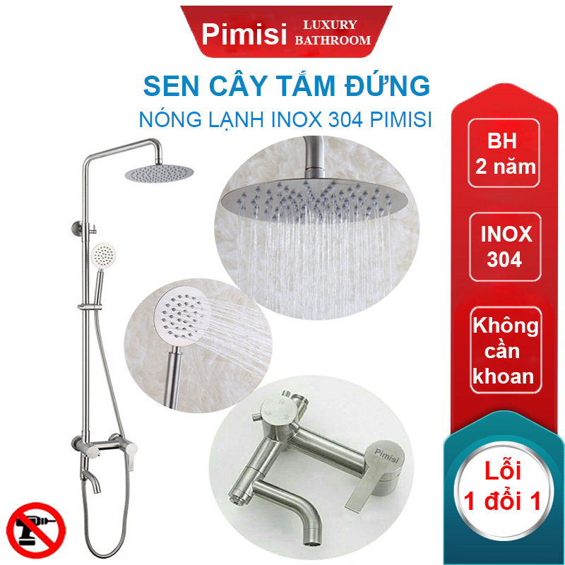 Bộ vòi hoa sen cây tắm đứng nóng lạnh inox 304 kiểu tròn Pimisi đầy đủ phụ kiện với bát sen to - bát nhỏ cầm tay tăng áp dùng được cho cả nhà tắm nhỏ và thấp | Hàng chính hãng