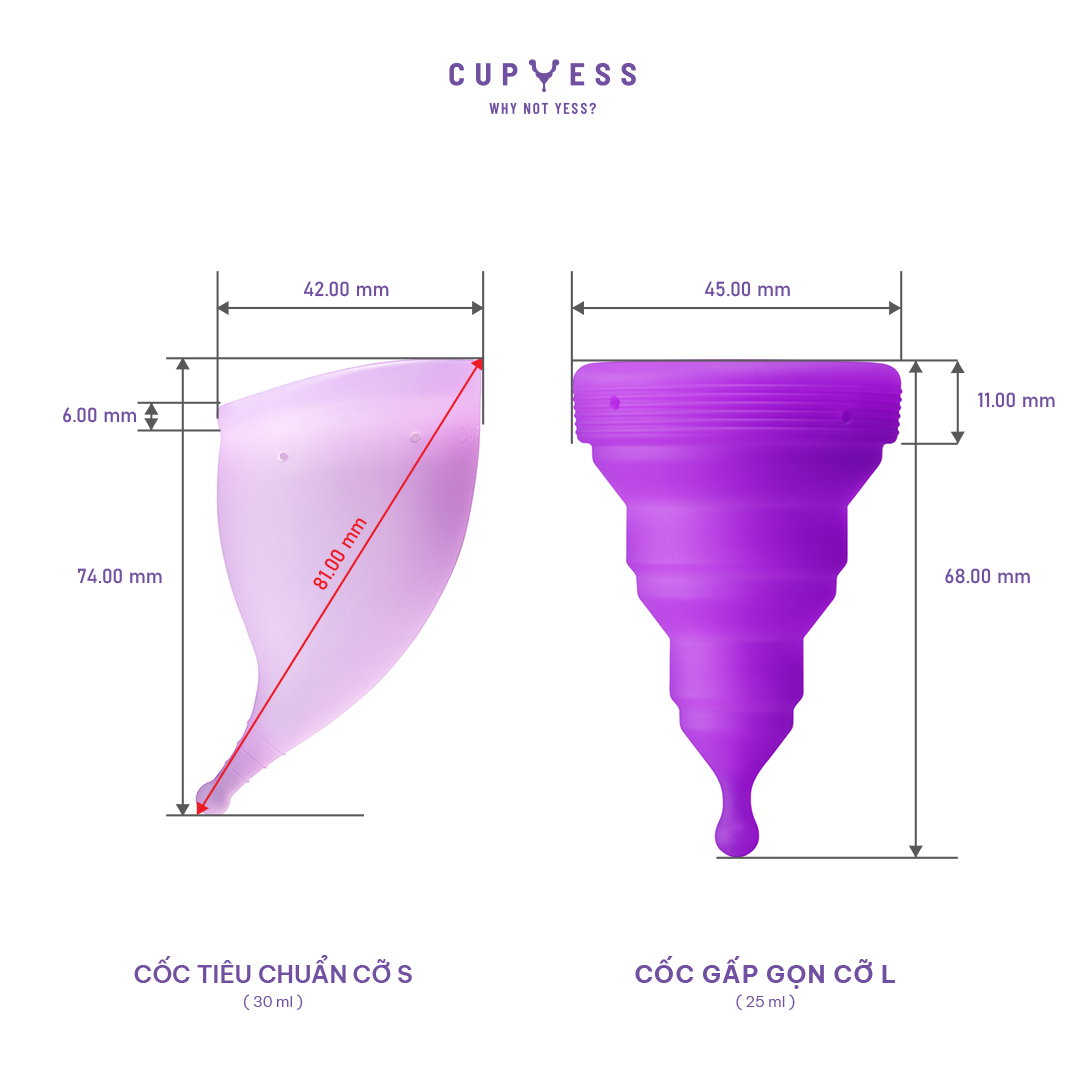 COMBO Cốc nguyệt san Cup Yess chính hãng – Gấp gọn Z Cup cỡ L (25ml) &amp; Tiêu chuẩn S Cup cỡ S (30ml)
