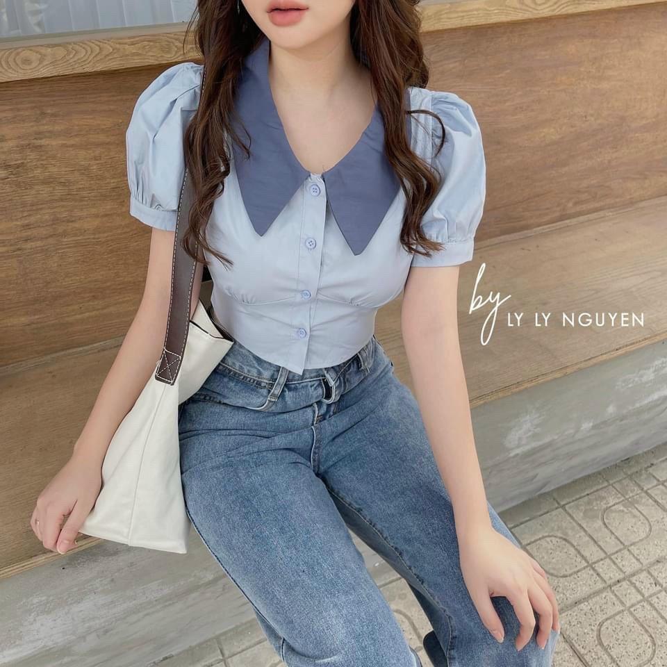 Áo croptop cổ sơ mi siêu dễ thương