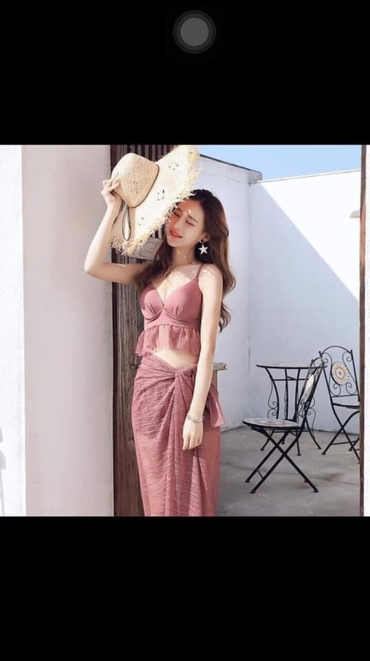 Sét Bikini 3 Món Có Đệm Ngực Quần Váy khăn Lưới Siêu Đẹp
