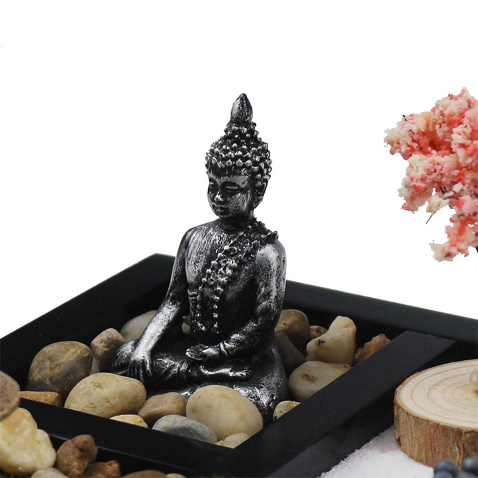 Mini Zen Garden Feng Shui Sand Tray Tree Buddha Statues Stress Relief Home