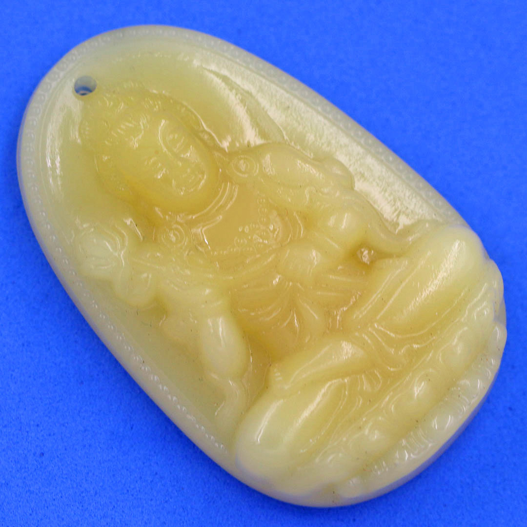 Mặt Phật Đại thế chí đá thạch anh vàng 4.3 cm kèm móc và dây chuyền inox vàng, Mặt Phật bản mệnh