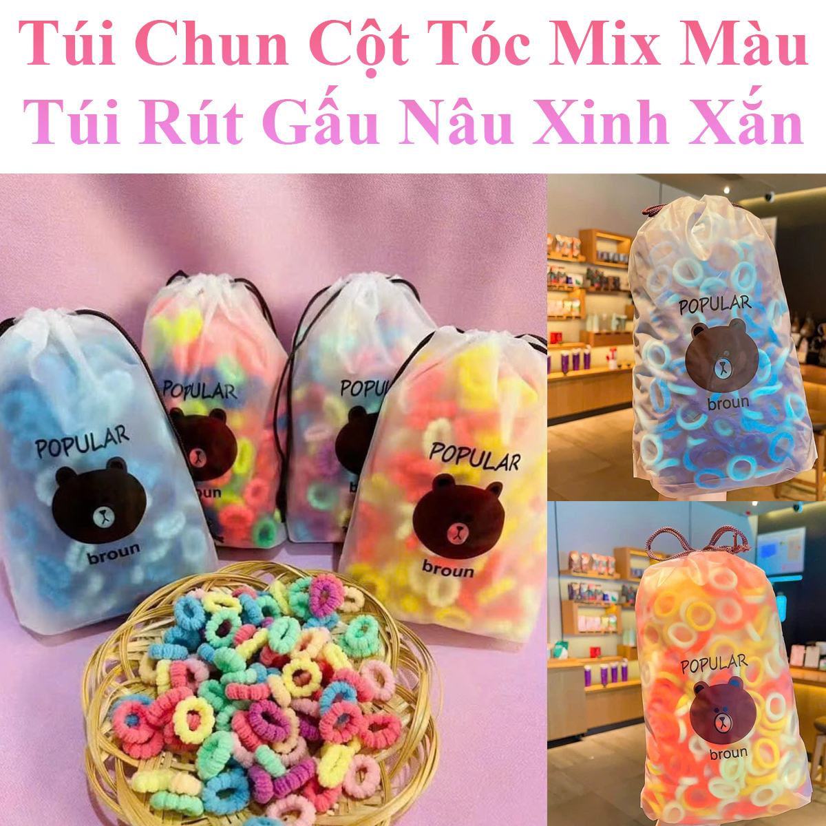 Túi Chun Cột Tóc Vải Mix Màu Kèm Túi Rút Gấu Nâu Xinh Xắn Cho Bé Gái