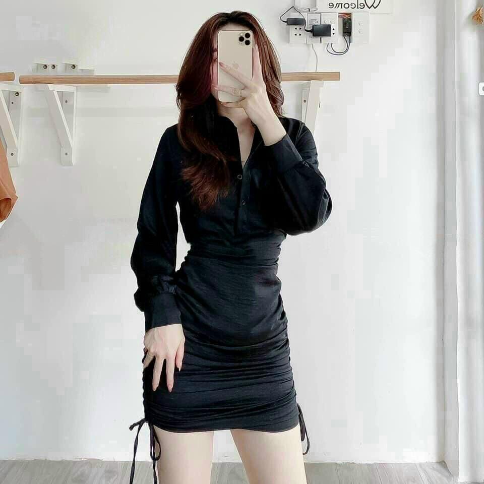 ĐẦM NHÚN CỔ SƠ MI CÀI NÚT THẬT 2 MÀU Y HÌNH