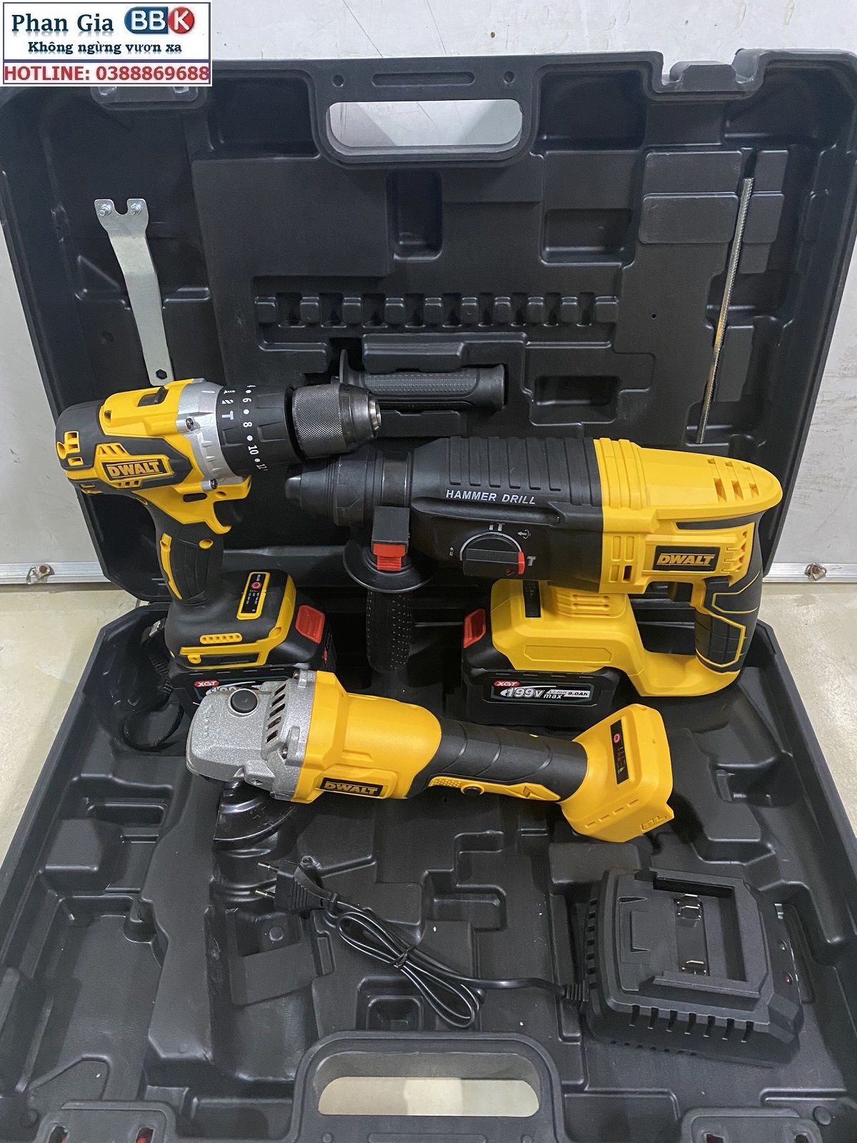 Bộ Combo Máy Khoan Đục Bê Tông, Máy Mài Và Máy Khoan Pin Dùng Pin 199V, 2 Pin 15Cell, Động Cơ Không Chổi Than, Bảo Hành 12 Tháng