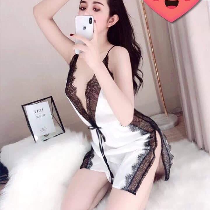 Váy ngủ lụa chéo lưng phối ren sexy gợi cảm Q04 - Đồ ngủ nữ - Váy ngủ nữ - Váy ngủ hai dây - Đồ ngủ mạc nhà