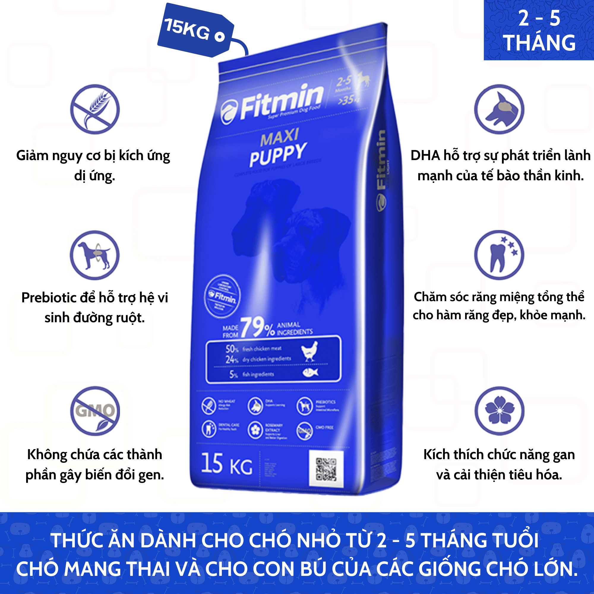 Thức Ăn Dành Cho Chó Nhỏ Từ 2 - 5 Tháng, Chó Mang Thai Và Cho Con Bú Thuộc Giống Chó Lớn Fitmin Dog Maxi Puppy 15KG - TẶNG 1 Lon Pate Tươi Hello Dog Chicken Pate 850G