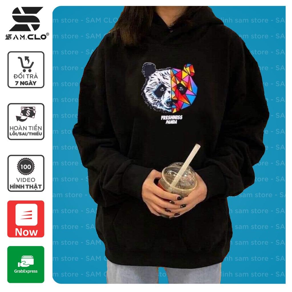 Áo khoác nỉ nữ SAM CLO hoodie chui có mũ NỈ 1 LỚP tay dài thu đông freesize dáng unisex in hình đầu gấu chữ PANDA