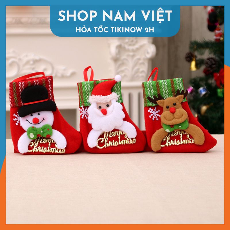 Vớ (Tất) Nhung Đỏ Thêu Chữ Merry Christmas Trang Trí Cây Thông Noel Giáng Sinh