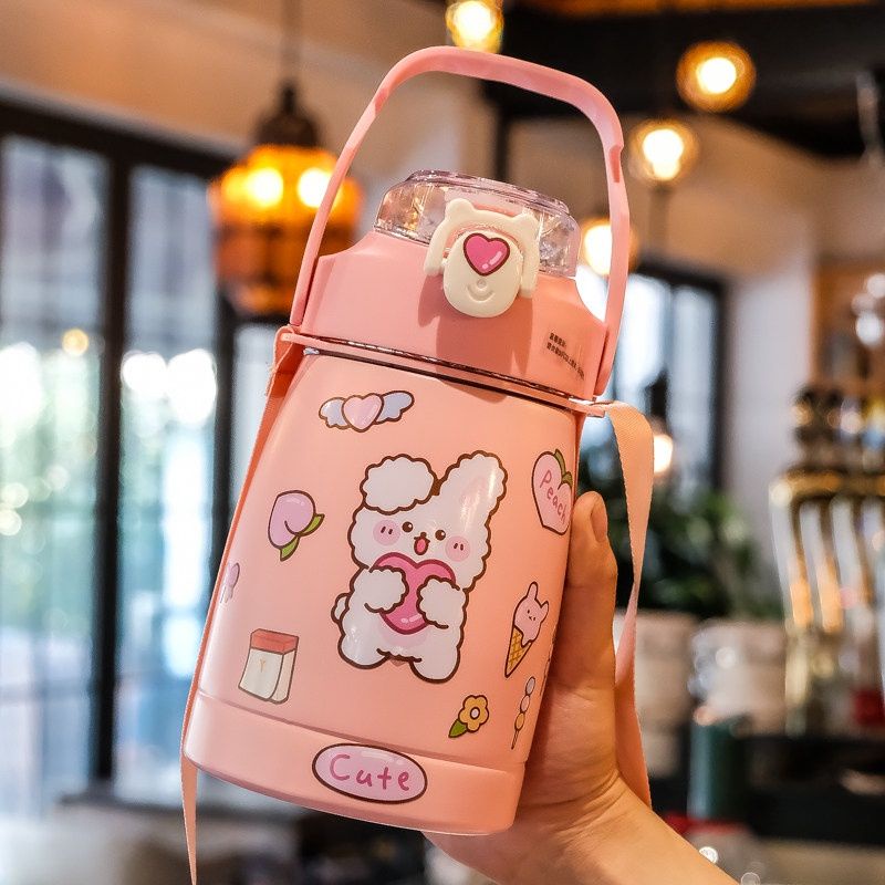 Bình Nước Giữ Nhiệt Cute 800ml Chất Liệu Inox 304 Giữ Nhiệt Không Gỉ Nóng Lạnh 24 Giờ Kèm Ống Hút Và Sticker - Hàng Loại 1 - Chính Hãng MINIIN