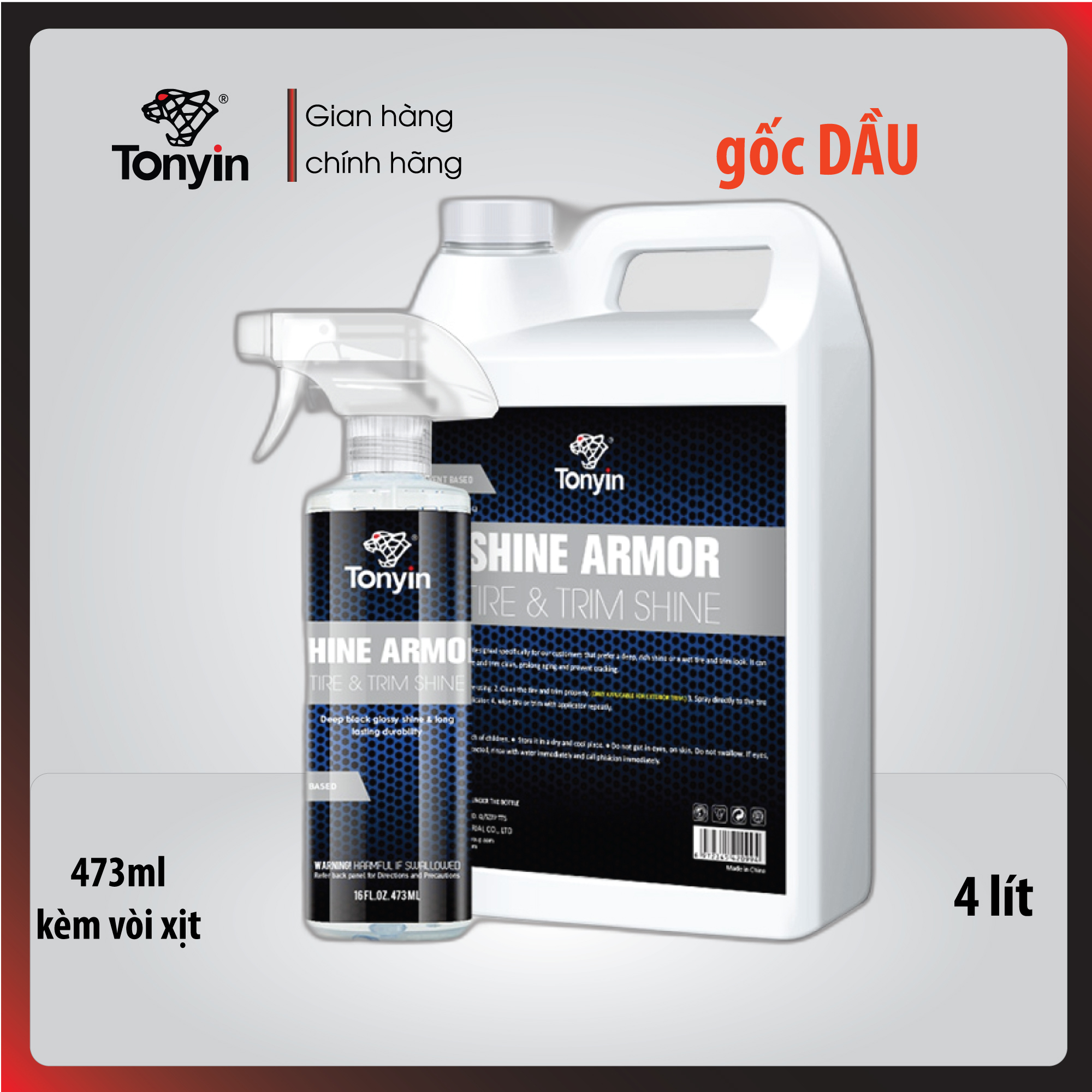 Dung dịch dưỡng lốp (vỏ) gốc dầu SHINE ARMOR TYRE & TRIM SHINE SOLVENT TYPE Tonyin 500ml/5L công thức đặc biệt tạo độ bóng mượt cho lốp lâu hơn