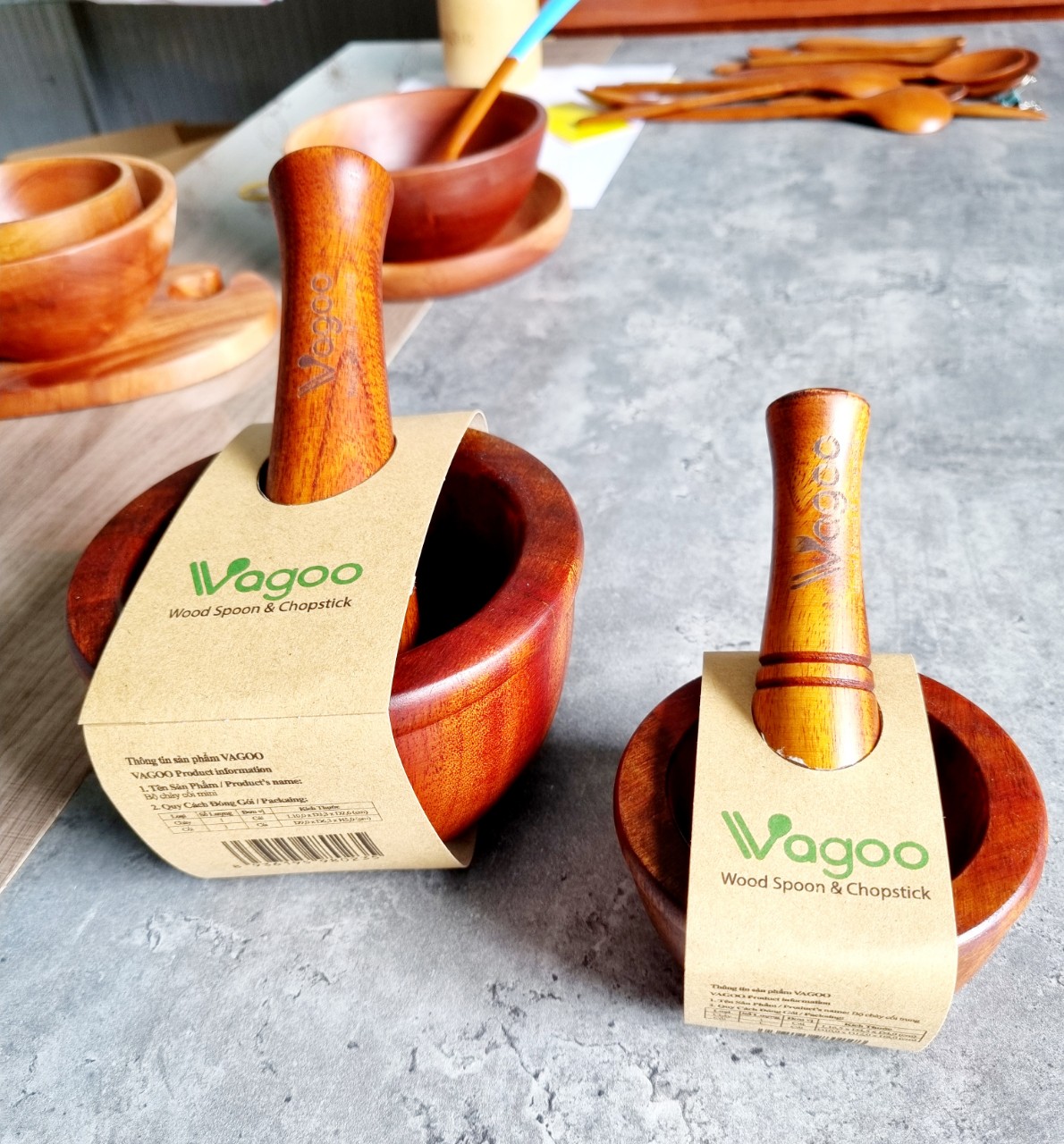 Bộ Chày Cối Làm Bằng Gỗ Xà Cừ - VAGOO - Làm Thủ Công Chống Thấm, Chống Ẩm Mốc, An Toàn Cho Sức Khoẻ - Hàng Chính Hãng