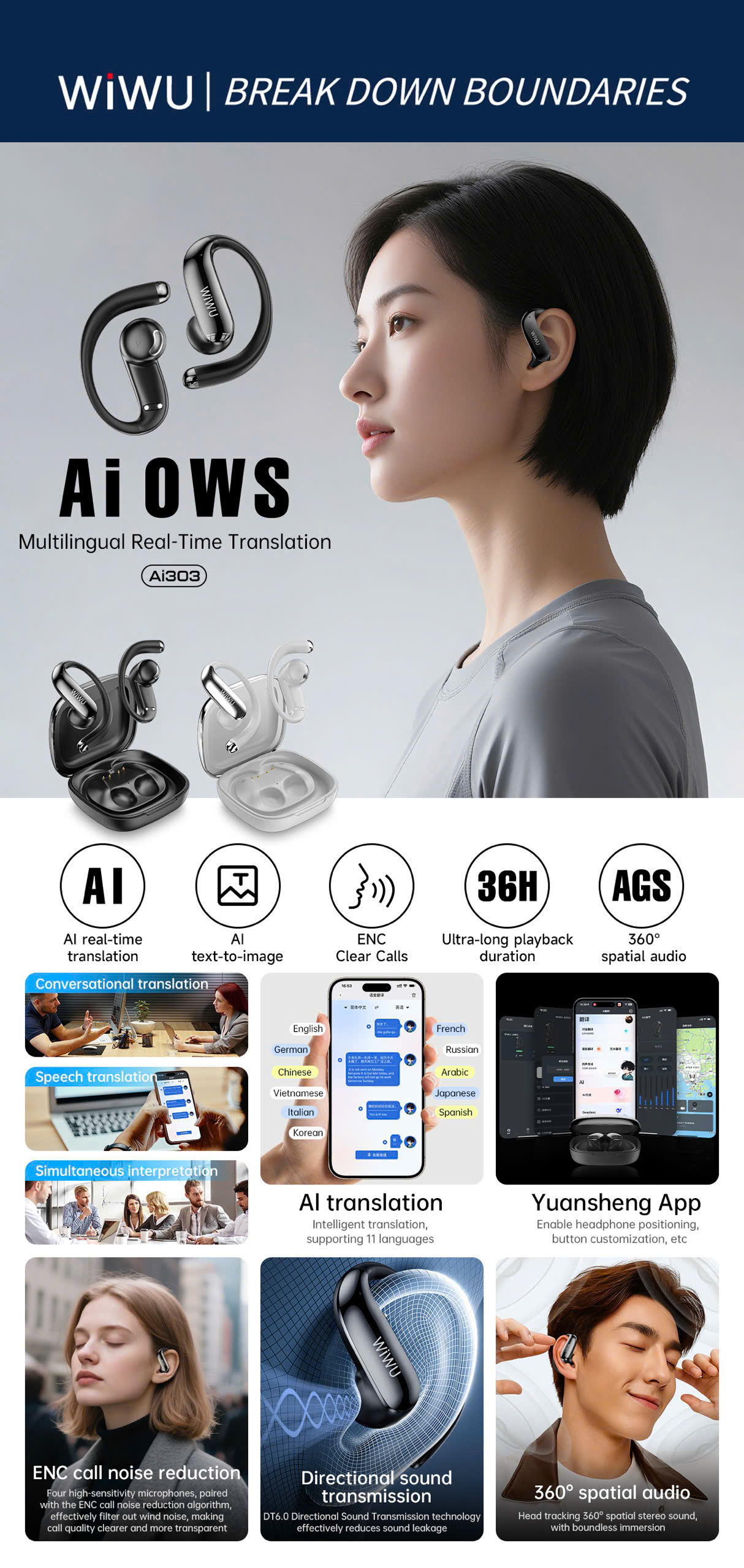 TAI NGHE WIWU AI OWS – DỊCH NGÔN NGỮ THỜI GIAN THỰC BẰNG AI | MODEL AI303  WiWU AI OWS (AI3 - HÀNG NHẬP KHẨU