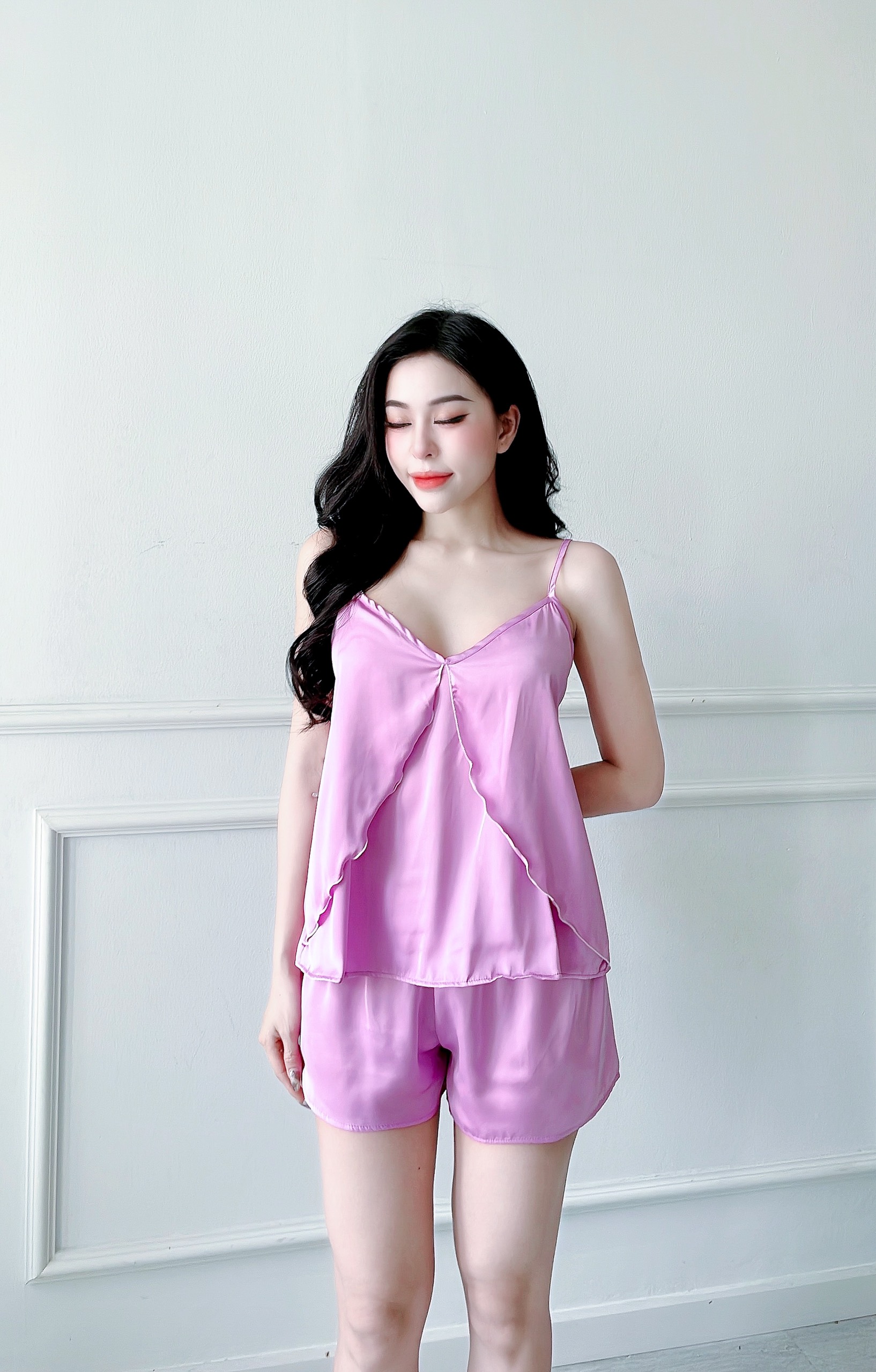 Đồ bộ mặc nhà , đồ mặc ngủ nữ hai dây lụa phối xẻ tà xinh xắn Dreamy- DN30