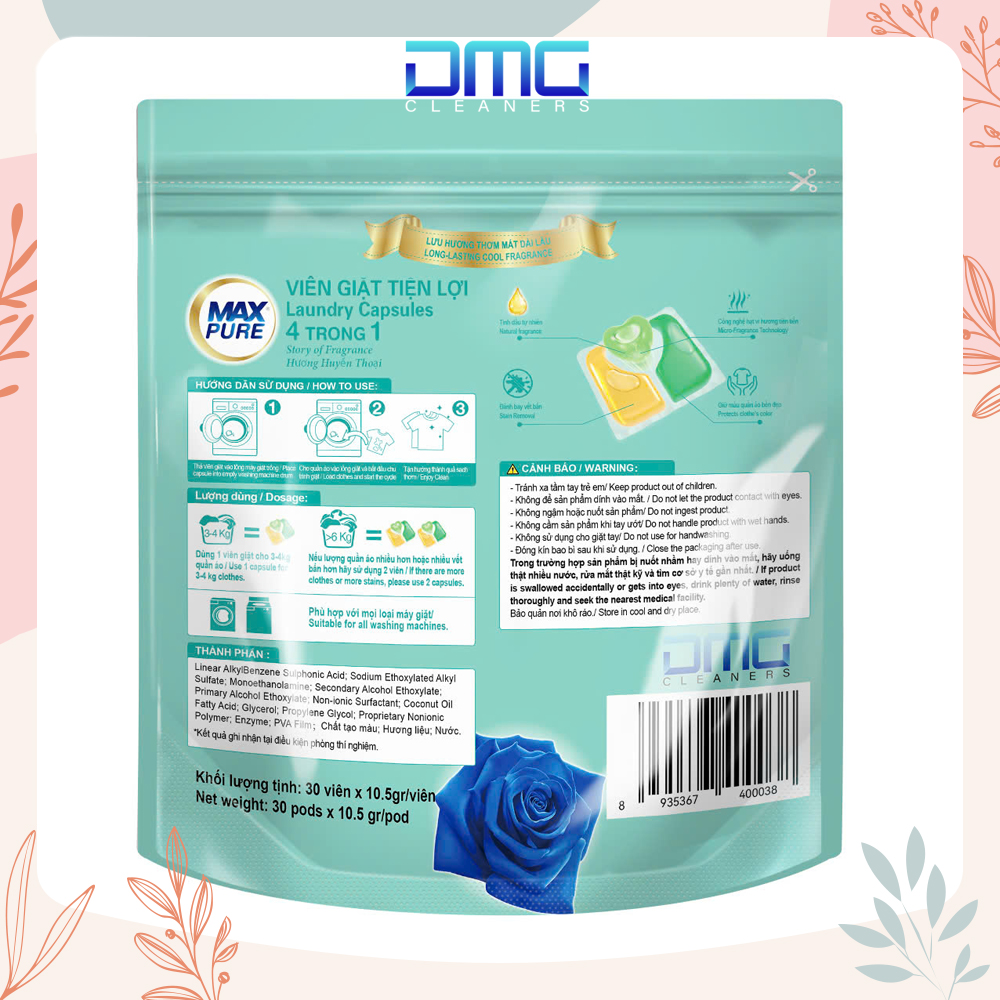 Túi 30 Viên Giặt Tiện Lợi Max Pure 4in1 - Công Nghệ Carezyme Hương Huyền Thoại