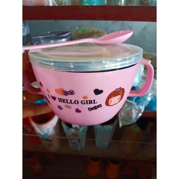 Bát ăn inox hai lớp chống nóng có nắp đậy kèm thìa cho bé