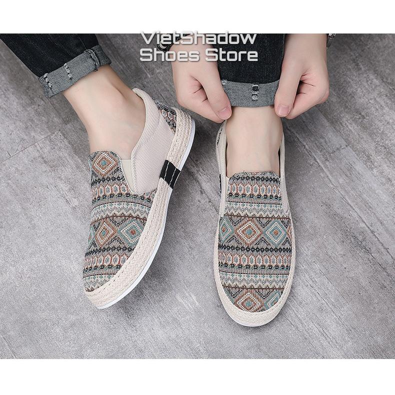 Slip on - Giày lười vải nam - Chất liệu nhung tăm phối vải họa tiết thổ cẩm, bo viền cói - Mã SP E015/E016