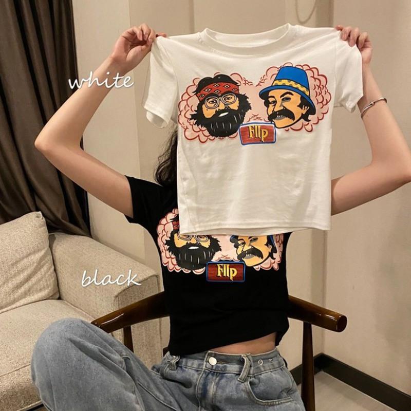 Áo Croptop Tay Ngắn Cổ Tròn In Họa Tiết Thời Trang Phong Cách Hàn Quốc