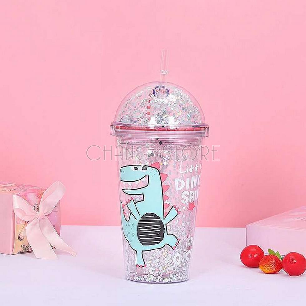 Bình Giữ Nhiệt Khủng Long 3D Kim Tuyến Nhiều Màu Sắc, Cốc Uống Nước Khủng long 3D 450ML kèm Ống Hút
