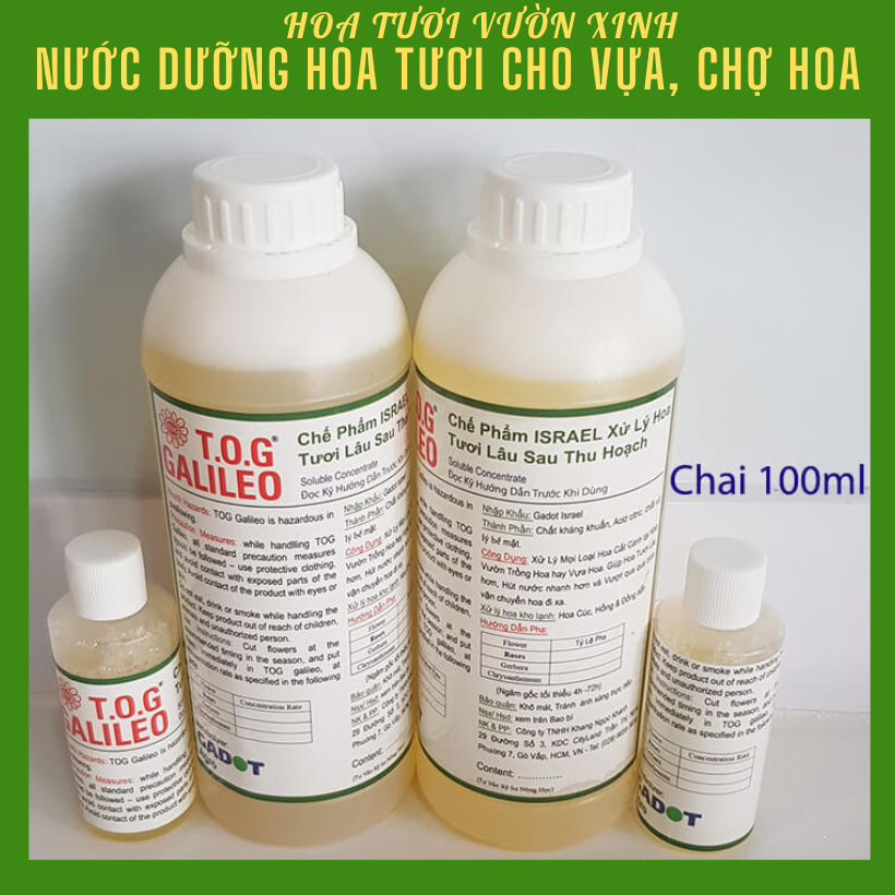 Nước Dưỡng Hoa Lâu Tàn Tại Vựa Bán Hoa Tươi Nhập Khẩu Israel TOG Galileo Giúp Kiềm Hoa Không Nở Tại Vựa Và Không Thay Nước Trong Xô 5 Ngày Liên Tục. Chai 1 lít và chai 100ml