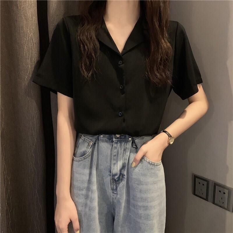 Áo Sơ Mi Tay Ngắn Cổ Vest Trơn Nam Nữ Unisex