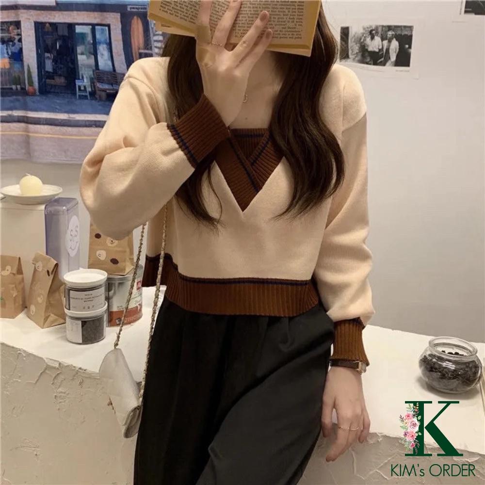 Áo Len Nữ Croptop Cổ Chữ V Màu Xanh Đen Trắng Be Xám Dài Tay Phong Cách Ulzzang Hàn Quốc Loại Đẹp Hàng Quảng Châu