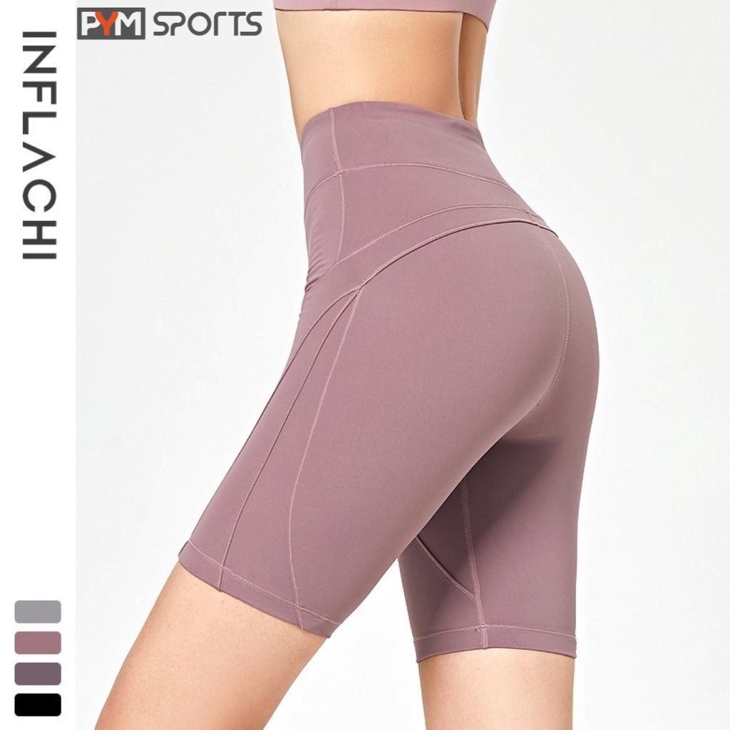 Quần legging đùi tập gym yoga PYMSPORT - PYML029 thun cạp cao, dáng ôm bó, 4 màu đen, tím, ghi, hồng