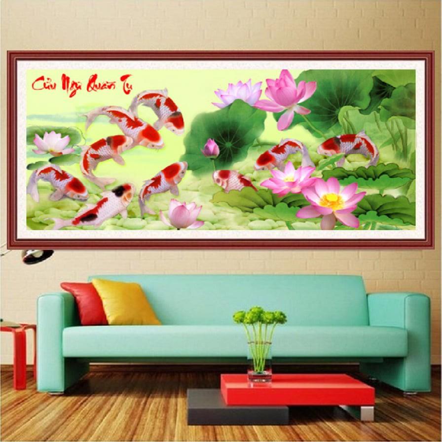 Tranh đính đá Cửu Ngư Quần Tụ I 130x62cm I LV275